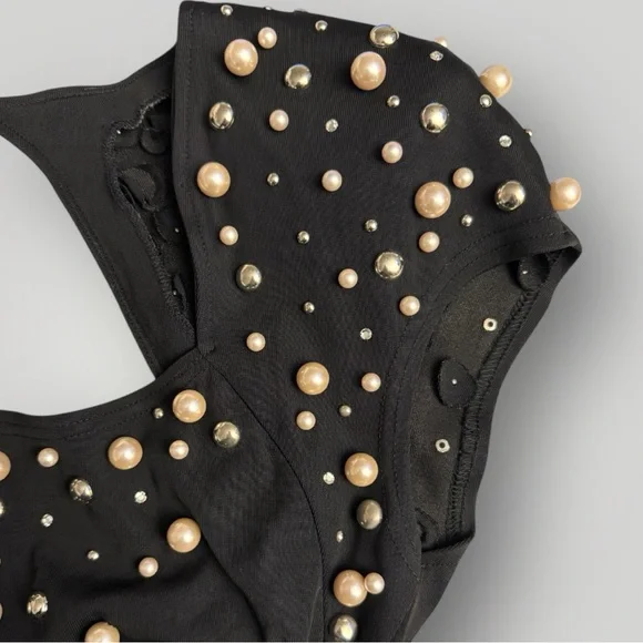 Vintage 1980s Eletra Casadei Pearl & Rhinestone Mini Black Dress -  Size Medium - Picture 7 of 10